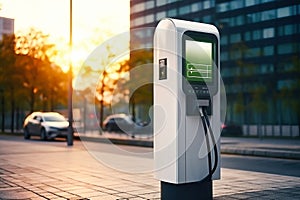 Fast charging stations for electric vehicles on a city street. Charging station for cars with illumination. Available charging for