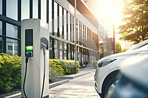 Fast charging stations for electric vehicles on a city street. Charging station for cars with illumination. Available charging for