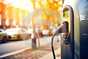 Fast charging stations for electric vehicles on a city street. Charging station for cars with illumination. Available charging for