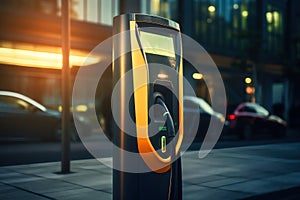 Fast charging stations for electric vehicles in a modern city at night. Charging station for cars with illumination. Electricity