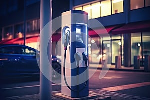 Fast charging stations for electric vehicles in a modern city at night. Charging station for cars with illumination. Electricity