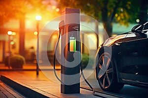 Fast charging stations for electric vehicles in a modern city at night. Charging station for cars with illumination. Electricity