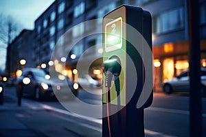 Fast charging stations for electric vehicles in a modern city at night. Charging station for cars with illumination. Electricity