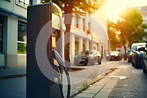 Fast charging stations for electric vehicles in a modern city at night. Charging station for cars with illumination. Electricity