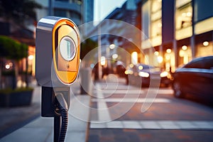 Fast charging stations for electric vehicles in a modern city at night. Charging station for cars with illumination. Electricity