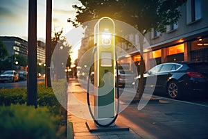 Fast charging stations for electric vehicles in a modern city at night. Charging station for cars with illumination. Electricity