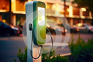 Fast charging stations for electric vehicles in a modern city at night. Charging station for cars with illumination. Electricity