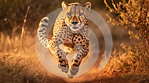 Fast cheetah with black dots runs in savanna on sunny