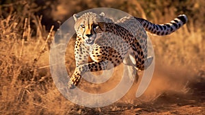 Fast cheetah with black dots runs in savanna on sunny
