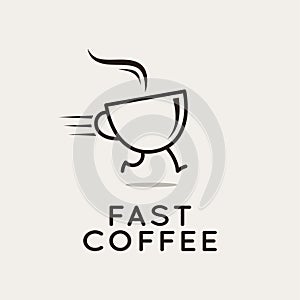 Fast coffee logo. Running coffee cup on white