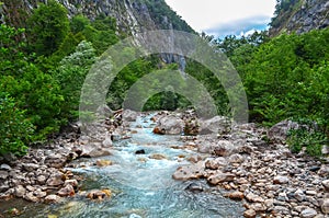 Fast and cold mountain river Gega Gorge in Abkhazia gorge