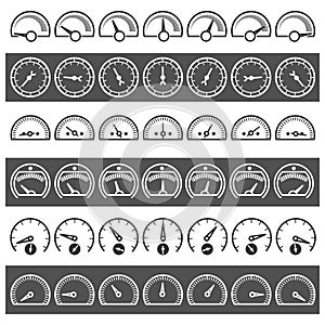 Fast control meter icons. Vector speed gauge signs like car speedometer or automobile gas measure