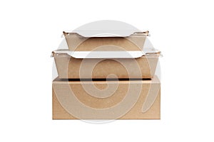 Fast conveyance in city. Cardboard lying on top of each other. Food box delivery service. Mockup style and copy space. Package photo