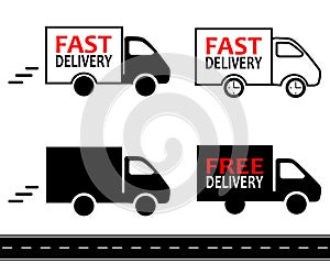 Fast delivery arrow car truck , cartoon silhouette black flat icon with red text sign isolated on white