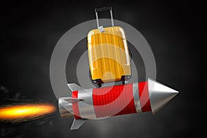 Fast delivery baggage and luggage concept, growth of tourism and travel. Suitcase on a flying rocket