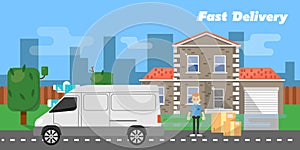 Fast delivery banner. Commercial vehicle.