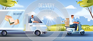 Fast delivery banner with truck, scooter, cityscape, interstate.