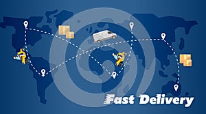 Fast delivery banner. World map with routes