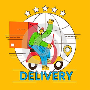 Fast delivery concept. Courier with a box on a bike. Food delivery service