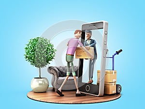 Fast delivery concept the courier transmits the parcel to the addressee through the screen of the smartphone 3d render on blue