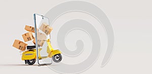 Fast delivery concept with scooter coming with packages through the smartphone screen