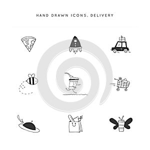 Fast delivery, express mail logo elements. Set of vector hand drawn icons.