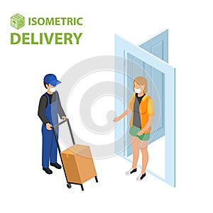 Fast delivery flat isometric vector concept. The Courier stays with the parcel near the door and gives the parcel to the