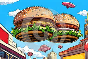 Fast Delivery - Flying burgers along the city street