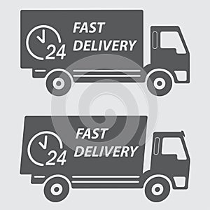 Fast delivery icon or sign. Symbol car carrying cargo, 24 hour. Vector illustration.