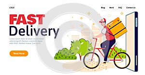 Fast delivery man on bicycle with food backpack riding out the door