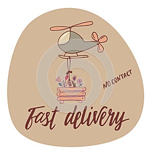 Fast delivery, no contact - hand drawing doodle illustration and sign for packaging design uses, print industry, logo, shop, deliv