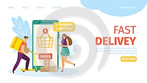 Fast delivery, online order in mobile service, vector illustration. Flat courier near huge smartphone, phone app