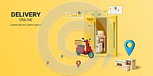 Fast delivery package by scooter on mobile phone. Online delivery service. Internet e-commerce