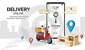 Fast delivery package by scooter on mobile phone. Online delivery service. Tracking. Smart Logistic. Vector illustration