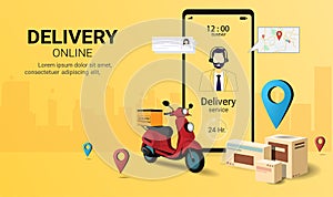 Fast delivery package by scooter on mobile phone. Online delivery service. Tracking. Vector illustrationSmart Logistic.