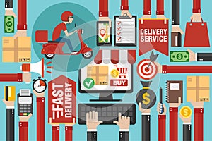 Fast delivery package by scooter. Online delivery service. Internet e-commerce. Shopping online on computer or website. Concept fl