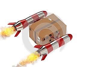 Fast delivery of package by turbo rocket. 3D Rendering