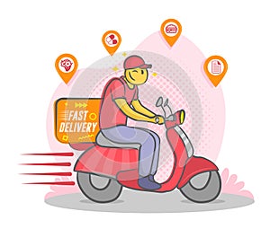 Fast delivery by scooter. Funny doodle Courier on the moto scooter delivers pharmaceuticals food flowers documents