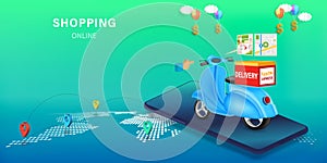 Fast delivery by scooter on mobile. E-commerce online concept or Mobile Application Vector Concept Marketing and Digital marketing