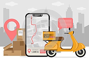 Fast delivery by scooter on mobile. Online delivery service concept. perfect for landing page, delivery website, banner,