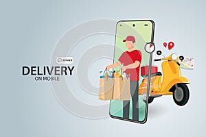 Fast delivery by scooter on mobile phone. Order package in E-commerce by app. Courier send package by motorcycle. Vector