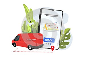 Fast delivery service app on smartphone: van delivering a box and man tracking an order using his smartphone, city street in the