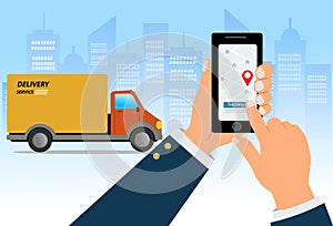 Fast delivery service app on smartphone: van delivering a box and man tracking an order using his smartphone, city street in the