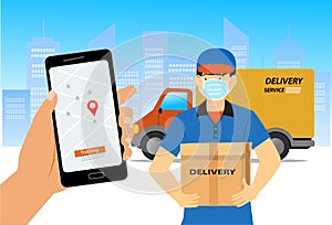 Fast delivery service app on smartphone: van delivering a box and man tracking an order using his smartphone, city street in the