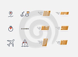 Fast delivery service concept. Set of speed delivery boxes flying. Vector illustration