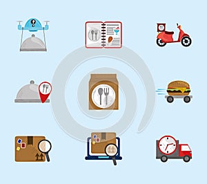 Fast delivery service icon set scooter drone truck online ordering