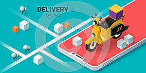 Fast delivery service by scooter on mobile, Smart logistics, Online order. City logistics. scooter, Isometric Vector illustration