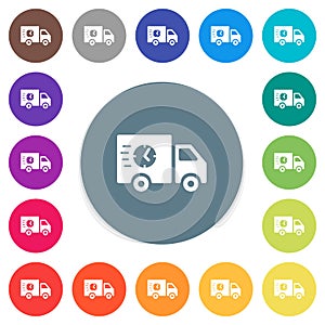 Fast delivery truck flat white icons on round color backgrounds