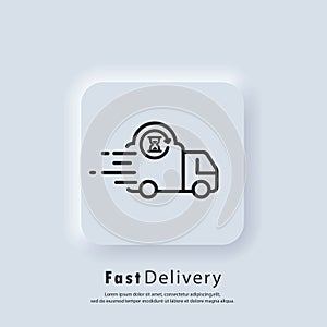 Fast delivery truck icon. Express delivery logo. Vector. UI icon. Distribution service, express transportation. Food delivery.