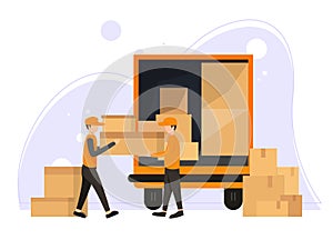 Fast delivery van. Courier provides free delivery of goods or postal parcels to the address. Man with cardboard boxes. Vector